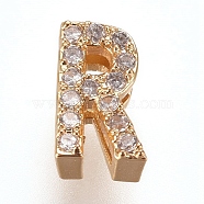 Golden Plated Brass Micro Pave Cubic Zirconia Slide Charms, Letter, Clear, Letter.R, 7~7.5x1.5~6.5x3mm, Hole: 6x1mm(ZIRC-L075-61R-G)