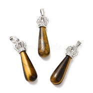 Natural Tiger Eye Pendants, Teardrop Charms, with Brass Crystal Rhinestone Crown Findings, Platinum, Cadmium Free & Lead Free, 36~39x9.5~11mm, Hole: 5x8mm(G-G976-01P-16)
