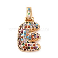 Brass Micro Pave Cubic Zirconia Pendants, Real 18K Gold Plated, Colorful, Letter E, 18.5~24x12.5~25.5x5~5.5mm, Hole: 5x3mm(KK-C076-29E-G02)