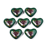 Flower Printed Opaque Acrylic Heart Beads, Dark Green, 16x19x8mm, Hole: 2mm(SACR-S305-28-N03)