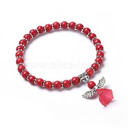 Dyed Synthetic Turquoise Beads Stretch Bracelets, with Transparent Frosted Acrylic Flower Beads and Tibetan Style Alloy Findings, Lovely Wedding Dress Angel Charm Bracelets, Red, 2-1/8 inch(5.3cm)(BJEW-JB04222-04)