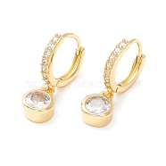Clear Cubic Zirconia Hinged Hoop Earrings with Flat Round Drop, Brass Jewelry for Women, Cadmium Free & Nickel Free & Lead Free, Real 18K Gold Plated, 20.5mm, Pin: 0.7mm(EJEW-P196-27G)