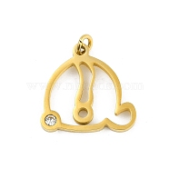 304 Stainless Steel Pendants, with Cubic Zirconia, Letter Charms with Jump Rings, Real 18K Gold Plated, Letter Q, 19.5x20x2mm, Hole: 3mm(STAS-R137-01G-Q)