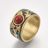 Handmade Indonesia Wide Band Finger Rings, Chunky Rings, with Brass Findings and Synthetic Turquoise, Red, Size: 10, 20mm(IPDL-S053-220)
