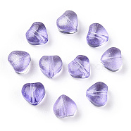 Transparent Spray Painted Glass Beads, with Glitter Powder, Heart, Purple, 6x6x4mm, Hole: 0.7mm(GLAA-R211-02-B01)