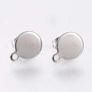 304 Stainless Steel Stud Earring Findings, with Loop and Flat Plate, Flat Round, Stainless Steel Color, 12.5x10x0.8~1mm, Hole: 1.5mm, Pin: 0.8mm(STAS-K184-02-02P)