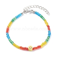 Glass Seed Beaded Bracelets, with Polymer Clay Beads and Alloy Lobster Claw Clasps, Smiling Face, Platinum, Colorful, 7-5/8 inch(19.3cm)(BJEW-JB06122)