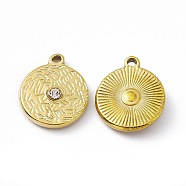 Vacuum Plating 201 Stainless Steel Pendants, with Rhinestone, Real 18K Gold Plated, Flat Round Charms, Crystal, 16x14x3mm, Hole: 1.5mm(STAS-J401-VC955)