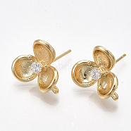 Brass Cubic Zirconia Stud Earring Findings, with Loop, Flower, Clear, Nickel Free, Real 18K Gold Plated, 15.5x14.5mm, Hole: 1mm, Pin: 0.8mm(KK-S350-412G)