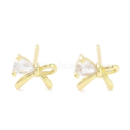 Brass Cubic Zirconia Stud Earrings for Women, Bowknot, Real 18K Gold Plated, 7x8mm(EJEW-S217-B03)