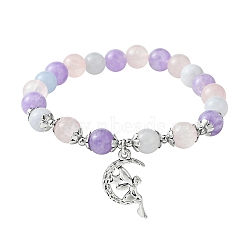 8mm Round Natural Aquamarine & Rose Quartz & Amethyst Beaded Stretch Bracelets, Tibetan Style Alloy Moon with Fairy Charm Bracelets for Women, Inner Diameter: 2-1/4 inch(5.8cm)(X-BJEW-TA00502)