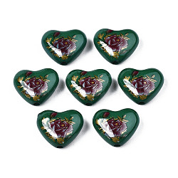 Flower Printed Opaque Acrylic Heart Beads, Dark Green, 16x19x8mm, Hole: 2mm(SACR-S305-28-N03)