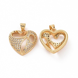 Brass Micro Pave Clear Cubic Zirconia Pendants, Heart, Golden, 20x19x6mm, Hole: 3.5x5mm(ZIRC-F135-10G)