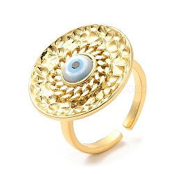 Rack Plating Brass Flat Round Open Cuff Rings with Shell Evil Eye , Lead Free & Cadmium Free, Real 18K Gold Plated, Inner Diameter: 17.4mm(RJEW-D008-05G)