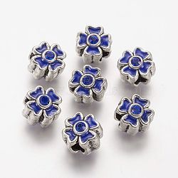 Alloy Enamel European Beads, Large Hole Beads, with Rhinestone, Clover, Antique Silver Metal Color, Blue, 12.5x12.5x10.5mm, Hole: 4.5mm(ENAM-J062-02AS)