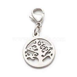 Round Ring with Tree 304 Stainless Steel Filigree Pendant Decorations, with 304 Stainless Steel Lobster Claw Clasps & Open Jump Rings, Stainless Steel Color, 30mm(HJEW-JM00573-01)