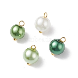 Glass Pearl Pendants, with Golden Plated Brass Findings, Round, Lime, 11x8.5mm, Hole: 2mm(PALLOY-JF01880-03)