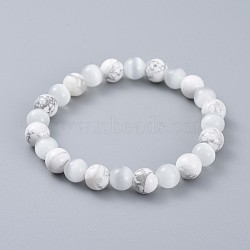 Natural Howlite Stretch Bracelets, with Cat Eye Round Beads, 2-3/8 inch(6cm)(BJEW-JB04506-01)