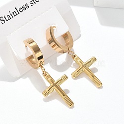 304 Stainless Steel Hoop Earrings, Ion Plating(IP), Cross, Golden, 32x13mm(EJEW-S253-16G)