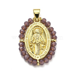 Brass with Glass Pendants, Cadmium Free & Lead Free, Real 18K Gold Plated, Oval with Virgin Mary Pattern, Rosy Brown, 25~26x19~19.5x3~3.5mm, Hole: 3x3.5mm(KK-G472-04G-01)