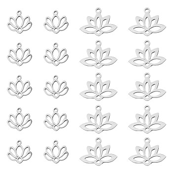 20Pcs 2 Styles 304 & 201 Stainless Steel Charms, Lotus Charm, Stainless Steel Color, 10.5~14x11~18.5x1mm, Hole: 1.2~1.6mm, 10pcs/style