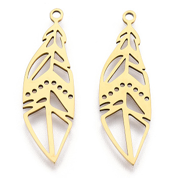 201 Stainless Steel Pendants, Filigree Joiners Findings, Laser Cut, Feather, Golden, 33x10x1mm, Hole: 1.6mm