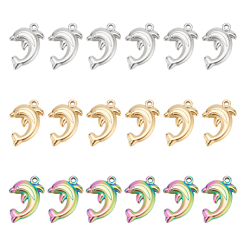 18Pcs 3 Colors 304 Stainless Steel Pendant, Dolphin Charms, Mixed Color, 22.5x14x3mm, Hole: 1.6mm, 6pcs/color