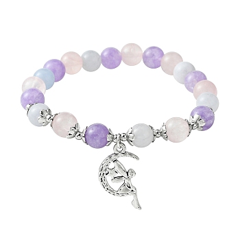 8mm Round Natural Aquamarine & Rose Quartz & Amethyst Beaded Stretch Bracelets, Tibetan Style Alloy Moon with Fairy Charm Bracelets for Women, Inner Diameter: 2-1/4 inch(5.8cm)