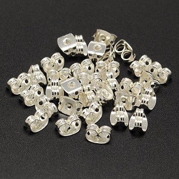 Brass Ear Nuts, Friction Earring Backs for Stud Earrings, Cadmium Free & Lead Free, Silver Color Plated, 6x4x3mm, Hole: 1mm