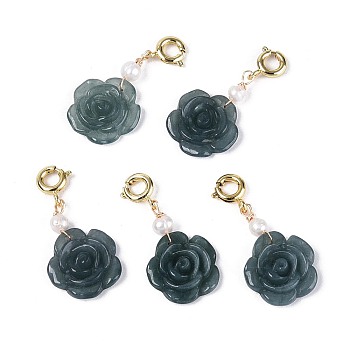 Natural Myanmar Jade & Natural Pearl Pendant Decorations, with Brass Clasp, Flower, 20.5~22x14~14.5x4~4.5mm, Hole: 2.8mm, Clasp: 9x7x3mm