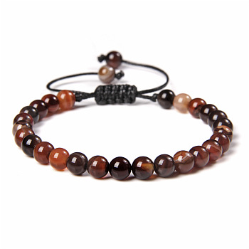 Natural Banded Agate Round Bead Adjustable Braided Bracelets, 6mm