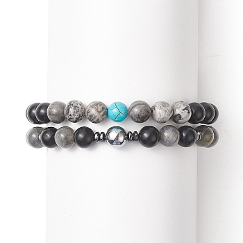 Natural Black Stone & Picasso Jasper & Labradorite & Synthetic Turquois & Non-Magnetic Synthetic Hematite Beaded Stretch Bracelets Sets for Women, Inner Diameter: 2-1/8 inch(5.5cm), 2pcs/set