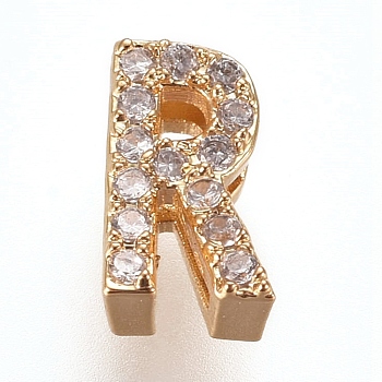 Golden Plated Brass Micro Pave Cubic Zirconia Slide Charms, Letter, Clear, Letter.R, 7~7.5x1.5~6.5x3mm, Hole: 6x1mm