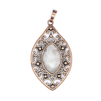 Retro Hollow Natural Quartz Crystal Pendants, Oval with Flower Pendants, with Red Copper Metal Finding, 48x28mm