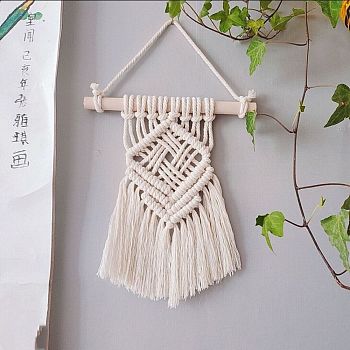 Cotton Cord Macrame Woven Wall Hanging, with Plastic Non-Trace Wall Hooks, for Nursery and Home Decoration, Floral White, 450~470x200x21mm