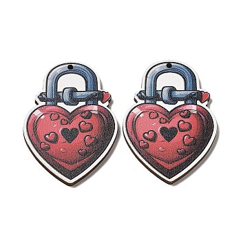 Single Face Printed Wood Big Pendants, Valentine's Day Charms, Lock, 55x36x2.5mm, Hole: 2mm