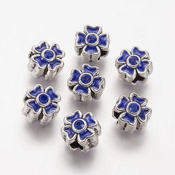 Alloy Enamel European Beads, Large Hole Beads, with Rhinestone, Clover, Antique Silver Metal Color, Blue, 12.5x12.5x10.5mm, Hole: 4.5mm