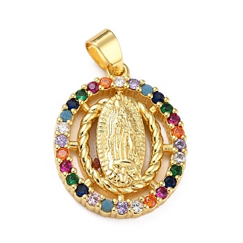 Brass Micro Pave Colorful Cubic Zirconia Pendants, Oval with Virgin Mary, Real 18K Gold Plated, 26.5x20x4mm, Hole: 5.5x3.5mm
