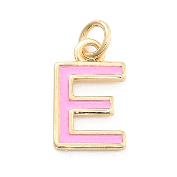 Rack Plating Brass Pendants, with Enamel and Jump Ring, Cadmium Free & Lead Free, Long-Lasting Plated, Real 18K Gold Plated, Letter, Letter E, 11.5x7x1mm, Hole: 2.5mm