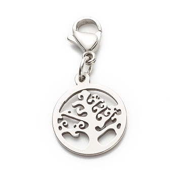 Round Ring with Tree 304 Stainless Steel Filigree Pendant Decorations, with 304 Stainless Steel Lobster Claw Clasps & Open Jump Rings, Stainless Steel Color, 30mm