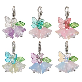 6Pcs Flower Glass Pendant Decorations, Alloy Clasps Charms for Bag Ornaments, Mixed Color, 29mm