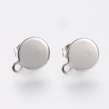 304 Stainless Steel Stud Earring Findings, with Loop and Flat Plate, Flat Round, Stainless Steel Color, 12.5x10x0.8~1mm, Hole: 1.5mm, Pin: 0.8mm