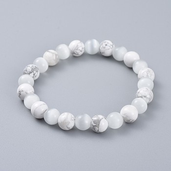 Natural Howlite Stretch Bracelets, with Cat Eye Round Beads, 2-3/8 inch(6cm)