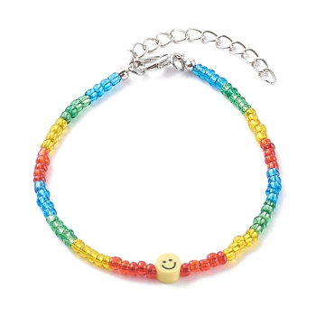 Glass Seed Beaded Bracelets, with Polymer Clay Beads and Alloy Lobster Claw Clasps, Smiling Face, Platinum, Colorful, 7-5/8 inch(19.3cm)