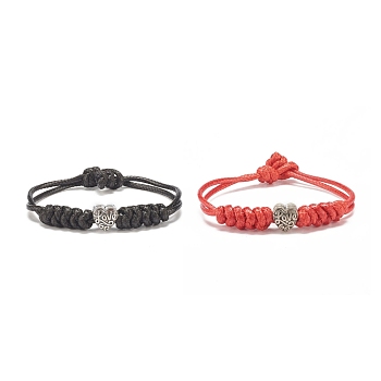 2Pcs 2 Color Alloy with Word Love Beaded Cord Bracelet, Braided Adjustable Bracelet for Women, Mixed Color, 7-5/8 inch(19.5cm), 1pc/color