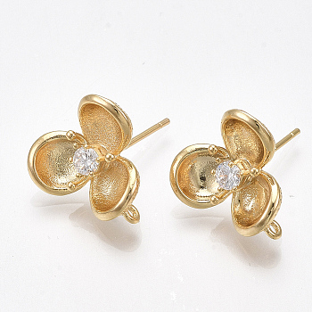 Brass Cubic Zirconia Stud Earring Findings, with Loop, Flower, Clear, Nickel Free, Real 18K Gold Plated, 15.5x14.5mm, Hole: 1mm, Pin: 0.8mm