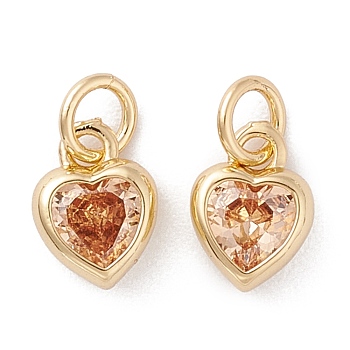 Brass inlaid Cubic Zirconia Pendants, with Jump Ring, Long-Lasting Plated, Heart, Real 18K Gold Plated, Light Salmon, 9.5x7x3mm, Hole: 3.6mm