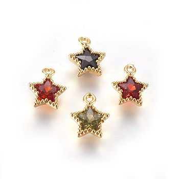 Golden Tone Brass Micro Pave Cubic Zirconia Charms, Star, Mixed Color, 10x8x3mm, Hole: 1mm