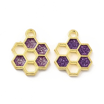 Alloy Enamel Pendants, Honeycomb Charm, Golden, Purple, 19x15x1.5mm, Hole: 2mm