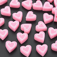 Handmade Polymer Clay Beads, Heart, Pink, 8.5~9x8.5~10x4mm, Hole: 1.4~1.6mm(CLAY-T019-10E)